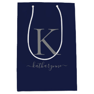 Elegantes Navy Blaues Silber Monogramm Name Mittlere Geschenktüte