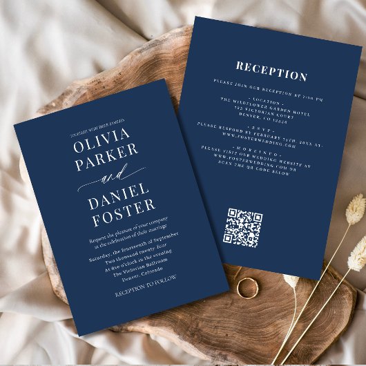 Elegantes Navy Blue All in One QR Code Wedding Einladung