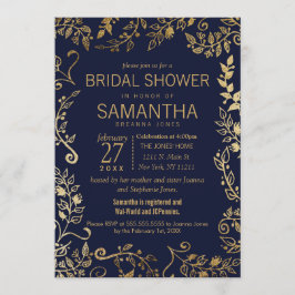 Elegantes Navy Blue and Gold Floral Brautparty Einladung