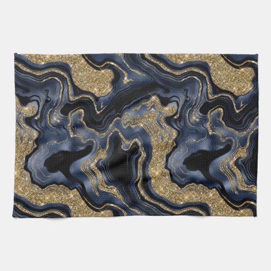 Elegantes Navy Blue and Gold Glitzer Agate Pattern Geschirrtuch (Horizontal)