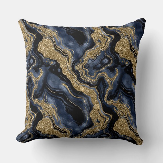 Elegantes Navy Blue and Gold Glitzer Agate Pattern Kissen (Vorderseite)