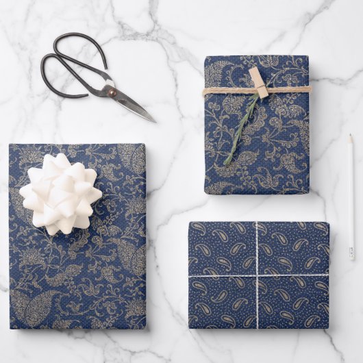 Elegantes Navy Blue and Gold Muster Geschenkpapier Set (Vorderseite)