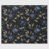 Elegantes Navy Blue and Gold Rose Blumenmuster Geschenkpapier (Flach)