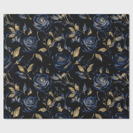 Elegantes Navy Blue and Gold Rose Blumenmuster Geschenkpapier (Flach)