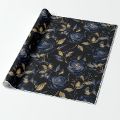 Elegantes Navy Blue and Gold Rose Blumenmuster Geschenkpapier (Ungerollt)