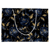Elegantes Navy Blue and Gold Rose Blumenmuster Große Geschenktüte (Rückseite)