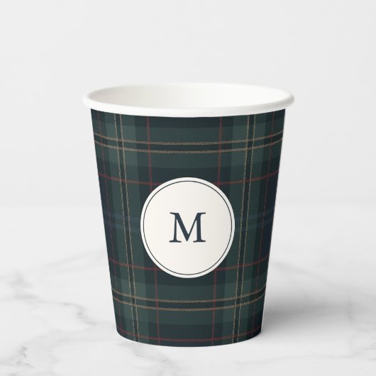 Elegantes Navy Blue and Green Kariert Monogram Pappbecher (Rückseite)