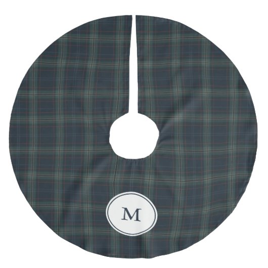 Elegantes Navy Blue and Green Kariert Monogram Polyester Weihnachtsbaumdecke (Vorderseite)