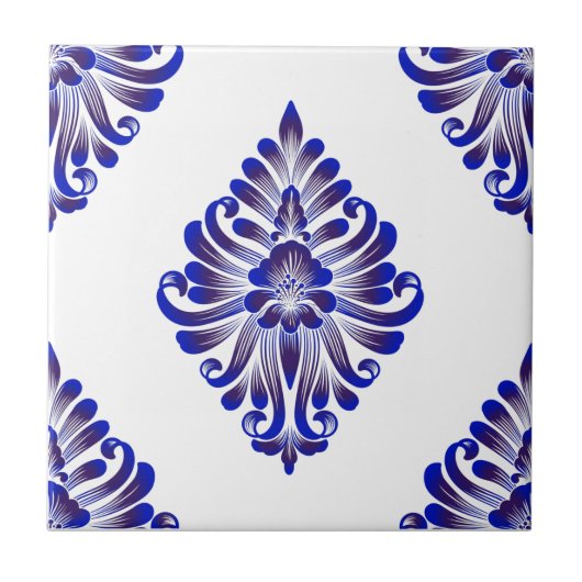 Elegantes Navy Blue and White Damask Muster Fliese (Vorderseite)