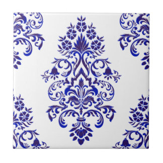 Elegantes Navy Blue and White Damask Muster   Fliese