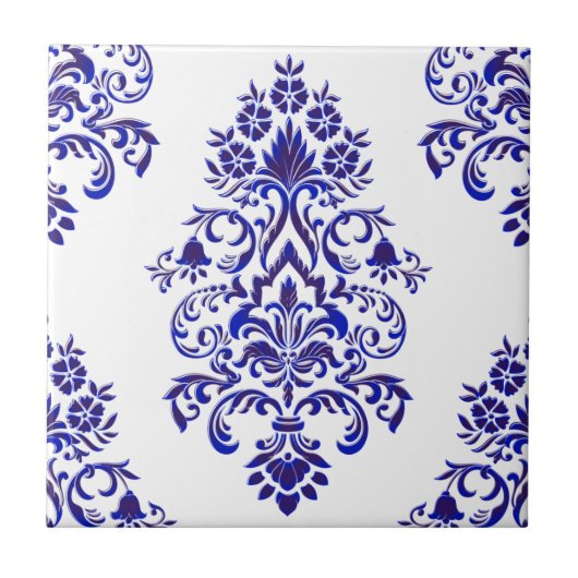 Elegantes Navy Blue and White Damask Muster   Fliese (Vorderseite)