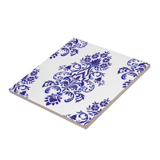 Elegantes Navy Blue and White Damask Muster Fliese (Seite)