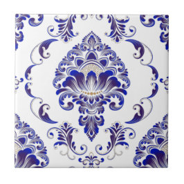 Elegantes Navy Blue and White Damask Muster  Fliese