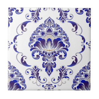 Elegantes Navy Blue and White Damask Muster  Fliese