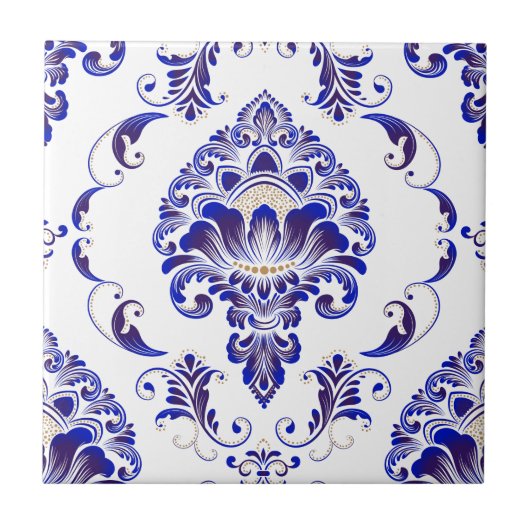 Elegantes Navy Blue and White Damask Muster  Fliese (Vorderseite)