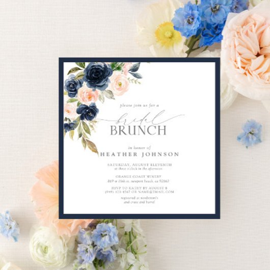 Elegantes Navy Blue Blush Pink Bridal Brunch Einladung