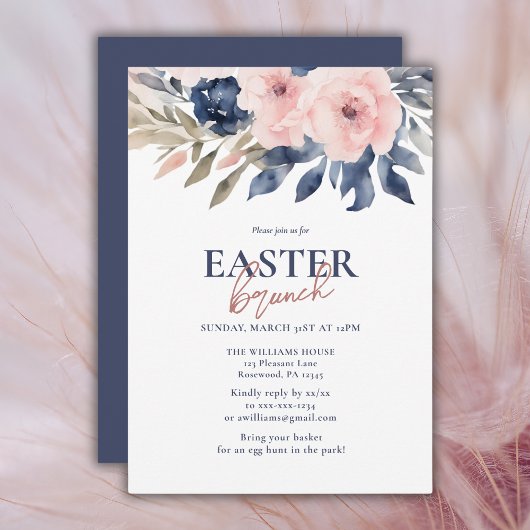 Elegantes Navy Blue Blush Pink Floral Osterfest Einladung