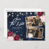 Elegantes Navy Blue Burgundy Blush Wedding Foto Ankündigungspostkarte (Vorne/Hinten)