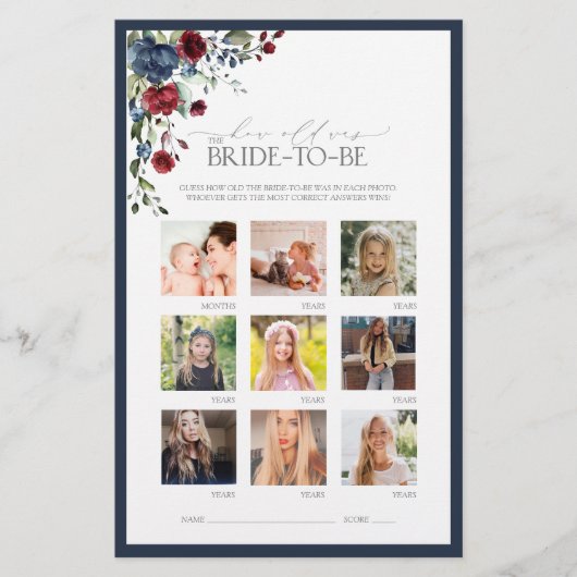 Elegantes Navy Blue Burgundy Brautparty Game (Vorderseite)