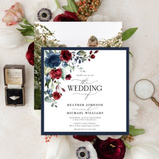 Elegantes Navy Blue Burgundy Floral Watercolor Fot Einladung