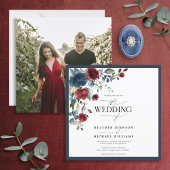 Elegantes Navy Blue Burgundy Floral Watercolor Fot Einladung