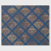 Elegantes Navy Blue Copper Gold Damask Muster Geschenkpapier (Flach)