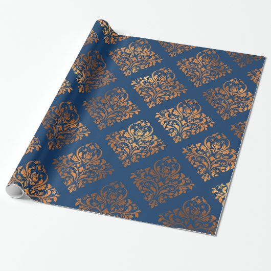 Elegantes Navy Blue Copper Gold Damask Muster Geschenkpapier (Ungerollt)
