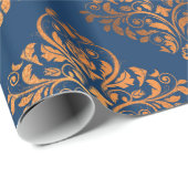 Elegantes Navy Blue Copper Gold Damask Muster Geschenkpapier (Rolleneckpunkt)