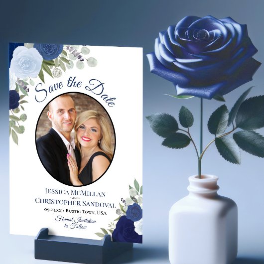 Elegantes Navy Blue Floral Boho Chic Wedding Foto Save The Date