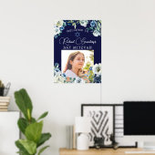 Elegantes Navy Blue Floral Foto Bat Mitzvah Willko Poster (Heimbüro)