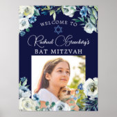 Elegantes Navy Blue Floral Foto Bat Mitzvah Willko Poster (Vorne)