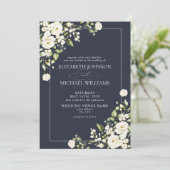 Elegantes Navy Blue Floral Foto Hochzeit Einladung (Stehend Vorderseite)