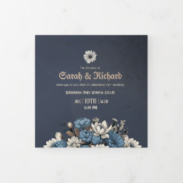 Elegantes Navy Blue Floral Foto & UAWG Wedding Dreifach Gefaltete Einladung