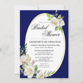 Elegantes Navy Blue Floral Gold Brautparty Einladung (Vorderseite)