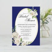 Elegantes Navy Blue Floral Gold Brautparty Einladung (Stehend Vorderseite)