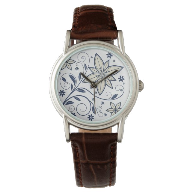 Elegantes Navy Blue Floral Muster | Armbanduhr (Vorderseite)