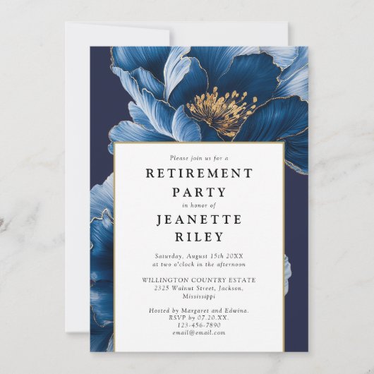 Elegantes Navy Blue Floral Retirement Party Einladung (Vorderseite)