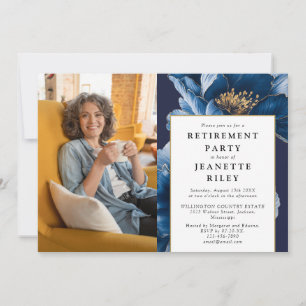 Elegantes Navy Blue Floral Retirement Party Foto Einladung