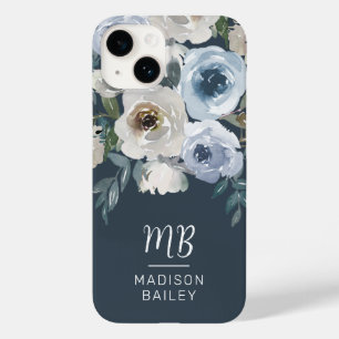 Elegantes Navy Blue Floral Watercolor Monogramm Case-Mate iPhone 14 Hülle
