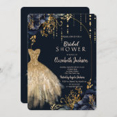 Elegantes Navy Blue Flowers Brautparty Einladung (Vorne/Hinten)