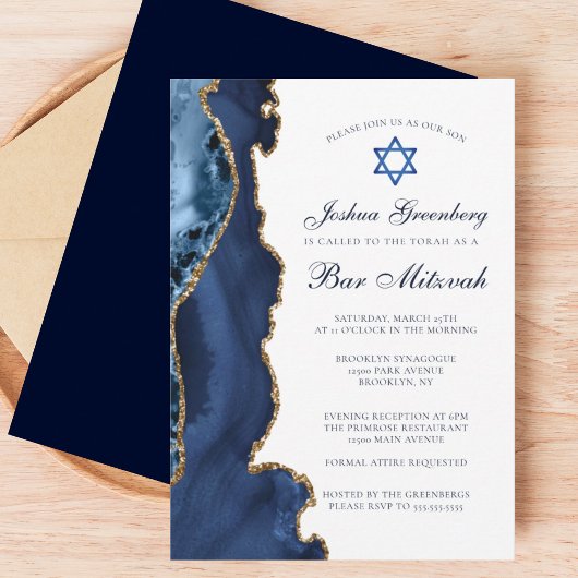 Elegantes Navy Blue Gold Agate Bar Mitzvah Party Einladung