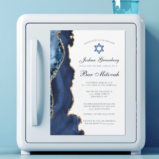 Elegantes Navy Blue Gold Agate Bar Mitzvah Party Magneteinladung