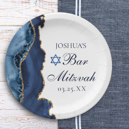 Elegantes Navy Blue Gold Agate Bar Mitzvah Party Pappteller