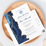 Elegantes Navy Blue Gold Agate Bar Mitzvah Party Postkarte<br><div class="desc">Elegantes marineblau und goldenes Agar schmücken die Seite dieser modernen Bar Mitzvah Zeremonie und Party Postkarteneinladung. Der Name Ihres Sohnes ist in einem schönen formalen Drehbuch unter dem Stern von David geschrieben. Ideal für eine schicke,  stilvolle jüdische Familie,  die ihren Jungen feiert,  der zur Tora gerufen wird.</div>