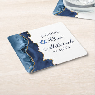 Elegantes Navy Blue Gold Agate Bar Mitzvah Party Rechteckiger Pappuntersetzer