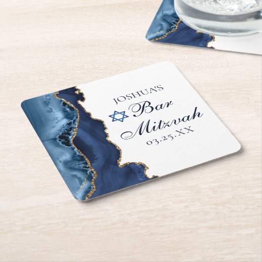 Elegantes Navy Blue Gold Agate Bar Mitzvah Party Rechteckiger Pappuntersetzer (angewinkelt)