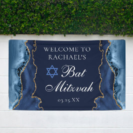 Elegantes Navy Blue Gold Agate Bat Mitzvah Party Banner