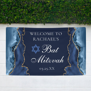 Elegantes Navy Blue Gold Agate Bat Mitzvah Party Banner