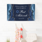 Elegantes Navy Blue Gold Agate Bat Mitzvah Party Banner (Insitu)