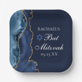 Elegantes Navy Blue Gold Agate Bat Mitzvah Party Pappteller